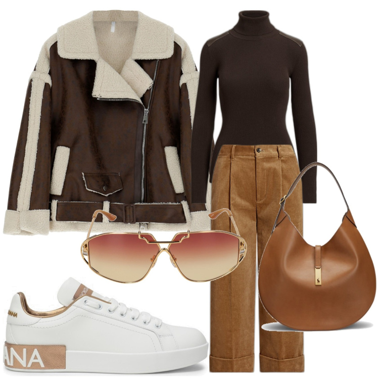 Outfit donna - A Prova di Freddo. Stile Casual chic per Tutti i giorni. Abbinamento con blazer, borse a spalla, pantaloni culotte, maglieria, occhiali da sole, sneakers.