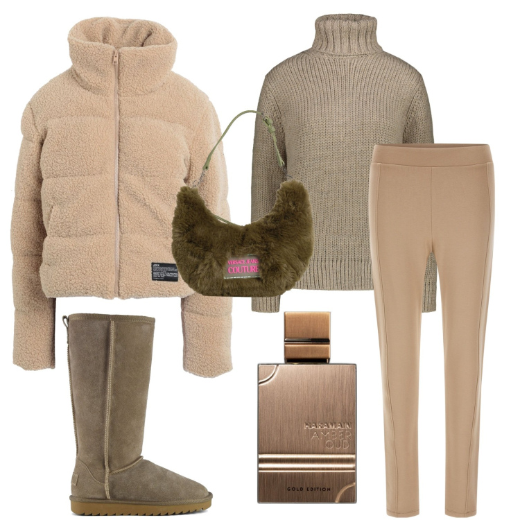 Outfit donna - Bruna Woody. Stile Casual per Tutti i giorni. Abbinamento con cappotti, borse a mano, profumi, pantaloni, maglieria, stivali sopra il ginocchio.