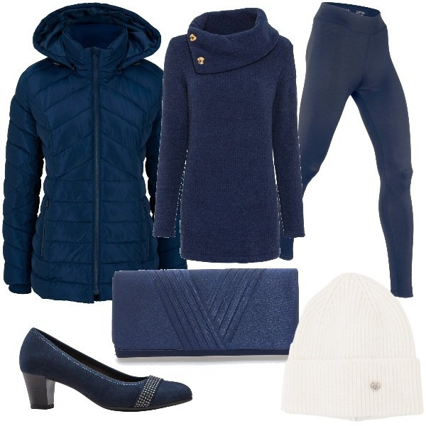 Outfit donna - Blue Monday. Stile Glamour per Serata fuori. Abbinamento con maglieria, giacche, décolleté, leggings sportivo, berretti, pochette.