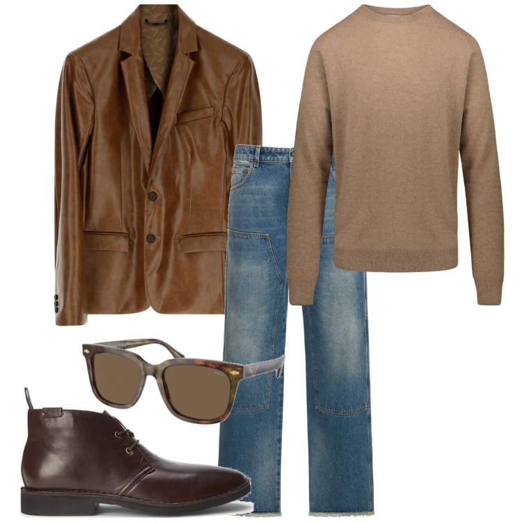 Outfit uomo - Marrone. Stile Urban per Ufficio. Abbinamento con giacche, stivali e stivaletti, occhiali da sole, maglieria, jeans.