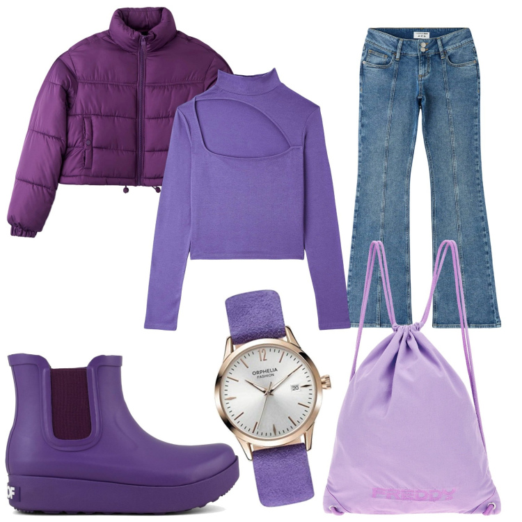 Outfit donna - L\'ora viola. Stile Casual chic per Tutti i giorni. Abbinamento con t-shirt, piumini, jeans a zampa, zaini, stivali, orologi.