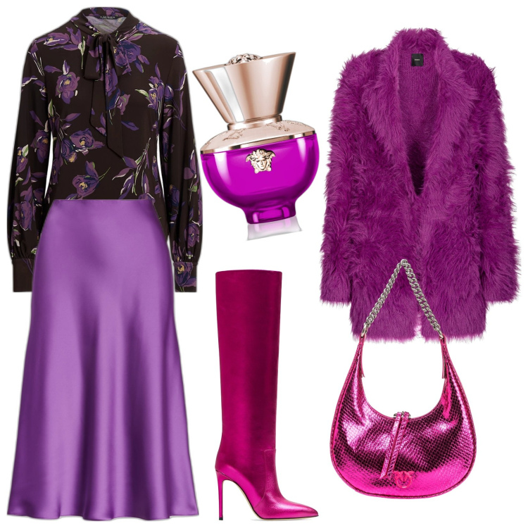 Outfit donna - Linda. Stile Glamour per Serata fuori. Abbinamento con profumi, borse a spalla, cappotti, gonne, top, stivali sopra il ginocchio.