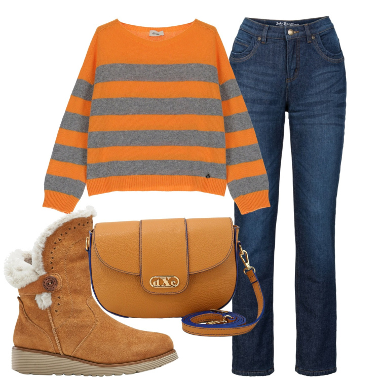 Outfit donna - La borsa cognac. Stile Casual chic per Tutti i giorni. Abbinamento con stivali, jeans dritti, pullovers, pochette.