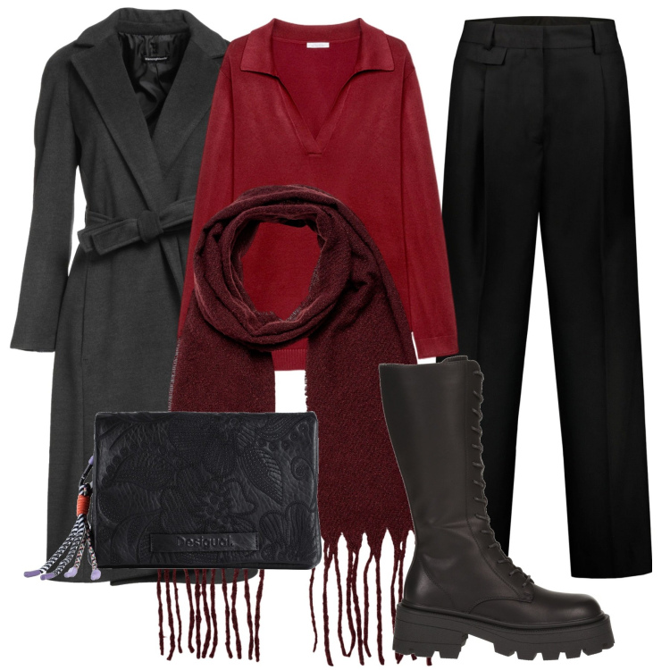 Outfit donna - Elegante e Caldo. Stile Casual chic per Serata fuori. Abbinamento con cappotti, stivali sopra il ginocchio, borse a mano, pantaloni, maglieria, sciarpe.