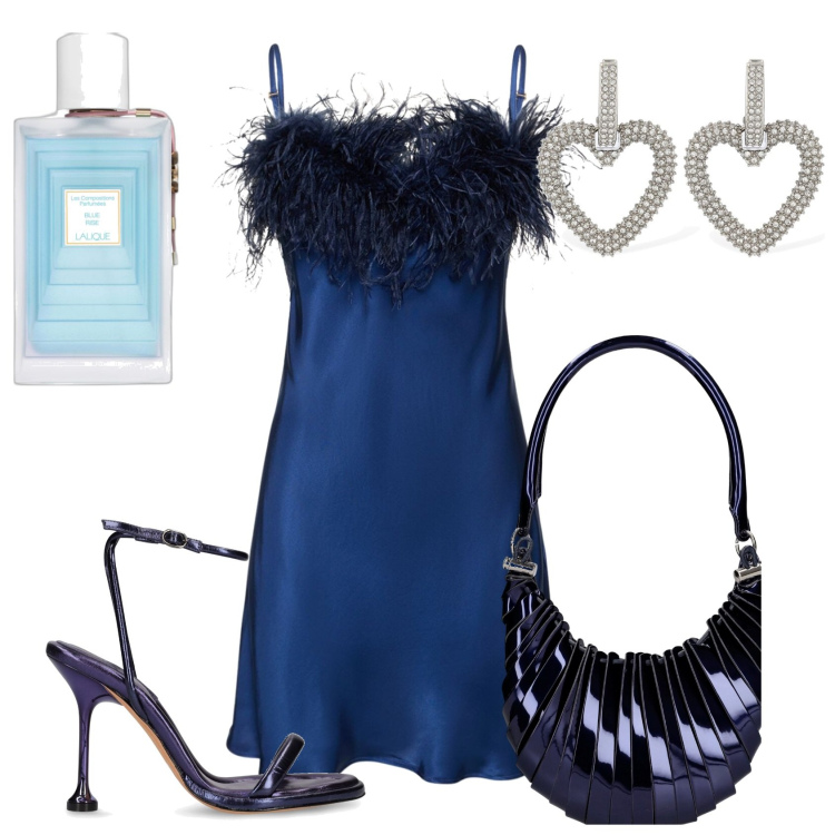 Outfit donna - In blu elegante scuro. Stile Chic per Serata fuori. Abbinamento con profumi, vestiti, orecchini, borse a mano, sandali in pelle.