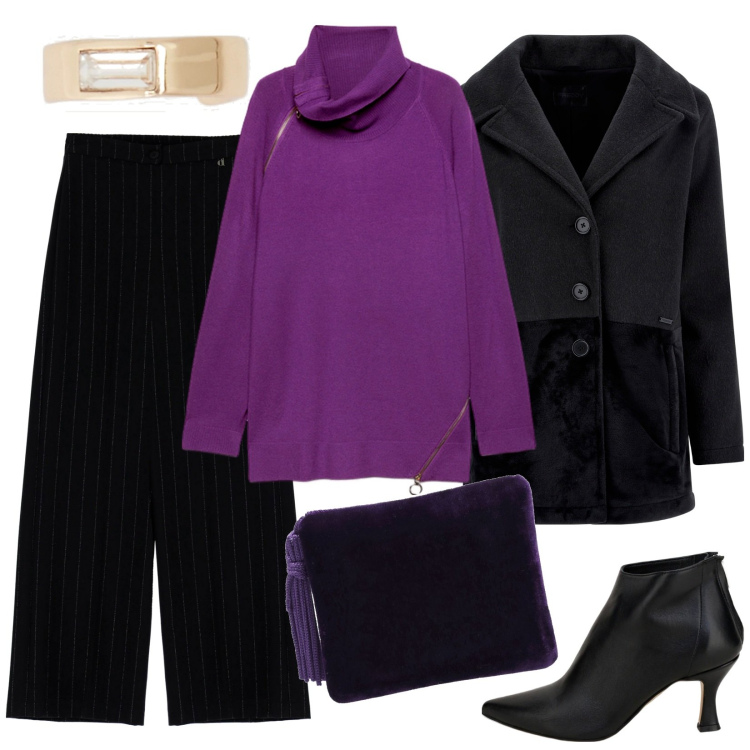 Outfit donna - Serata al cinema con le amiche. Stile Bon Ton per Serata fuori. Abbinamento con cappotti, stivaletti, pantaloni a palazzo, orecchini, maglieria, pochette.