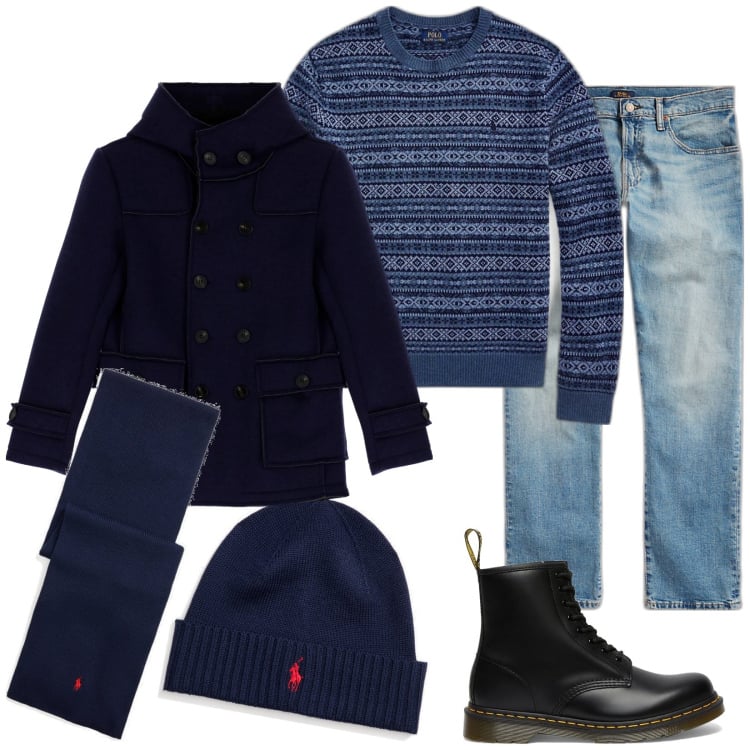 Outfit uomo - Blu monday. Stile Casual per Tutti i giorni. Abbinamento con cappotti, berretti, jeans, maglieria, sciarpe, stivali.
