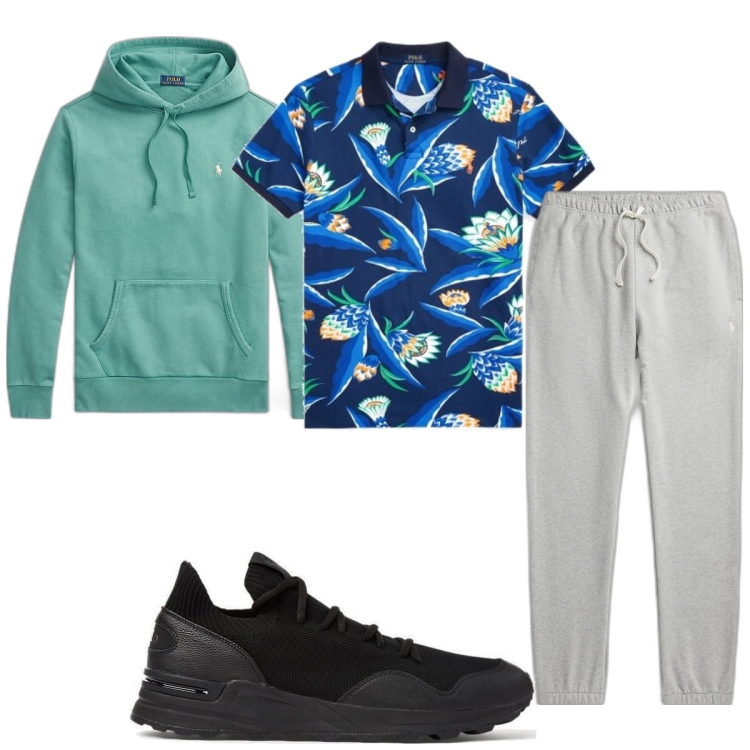 Outfit uomo - Total look #1799989. Stile Trendy per Sport. Abbinamento con felpe con cappuccio, sneakers, pantaloni, polo.