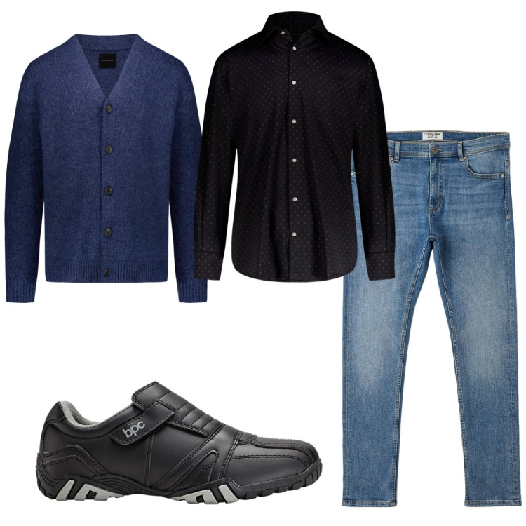 Outfit uomo - Total look #1800000. Stile Casual per Tutti i giorni. Abbinamento con scarpe stringate, jeans skinny, cardigans, camicie.