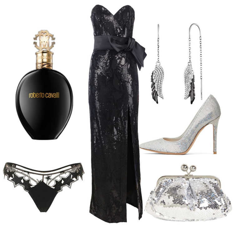 Outfit donna - Elegante alla sfilata di moda. Stile Chic per Serata fuori. Abbinamento con profumi, vestiti lunghi, décolleté, orecchini, perizomi, pochette.
