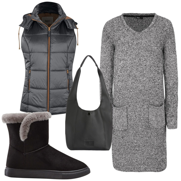Outfit donna - Total look #1800019. Stile Trendy per Tutti i giorni. Abbinamento con gilet, vestiti, stivaletti, borse a spalla.