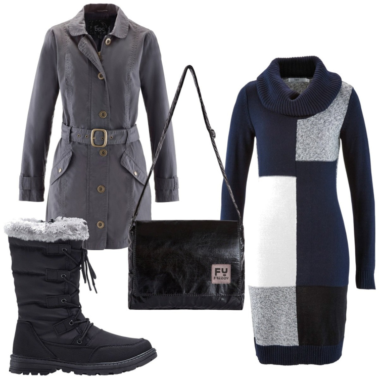 Outfit donna - Total look #1800024. Stile Trendy per Tutti i giorni. Abbinamento con vestiti midi/longuette, stivaletti, trench, borse a tracolla.