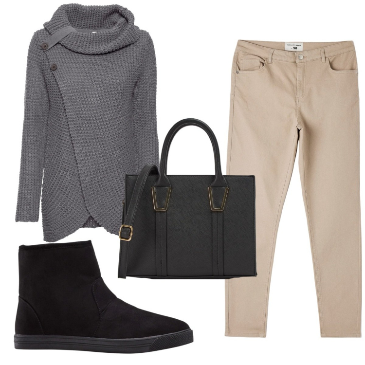 Outfit donna - Total look #1800029. Stile Minimal per Tutti i giorni. Abbinamento con maglieria, stivaletti, pantaloni, shopping bag.