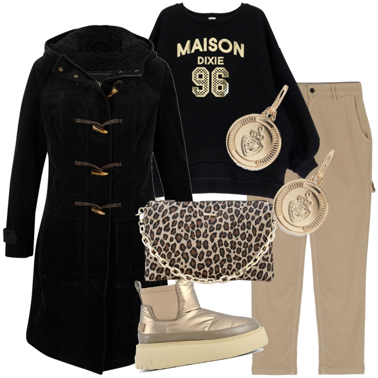 Outfit donna - Sportiva. Stile Casual per Tutti i giorni. Abbinamento con montgomery, pantaloni, pochette, felpe, orecchini, stivali.