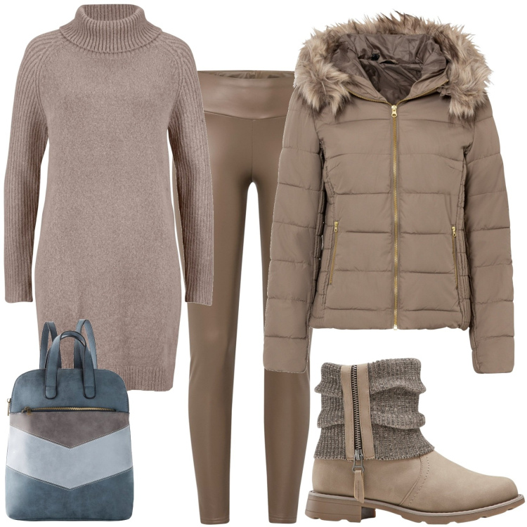 Outfit donna - Total look #1800061. Stile Casual per Tutti i giorni. Abbinamento con stivaletti, giacche, leggings, maglieria, zaini.