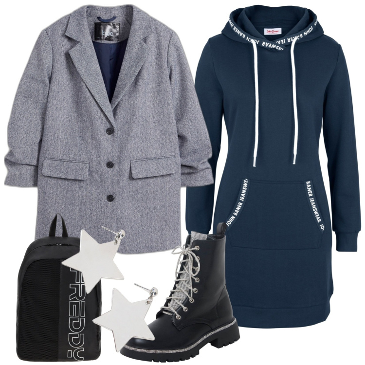 Outfit donna - Total look #1800073. Stile Casual per Tutti i giorni. Abbinamento con vestiti, blazer, anfibi, zaini, orecchini.