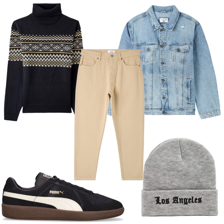 Outfit uomo - Total look #1800079. Stile Casual per Tutti i giorni. Abbinamento con giacche, pantaloni, maglieria, berretti, sneakers.