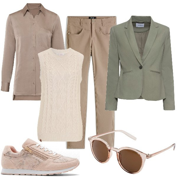Outfit donna - Total look #1800081. Stile Basic per Ufficio. Abbinamento con blazer, occhiali da sole, gilet, sneakers, pantaloni, camicie.
