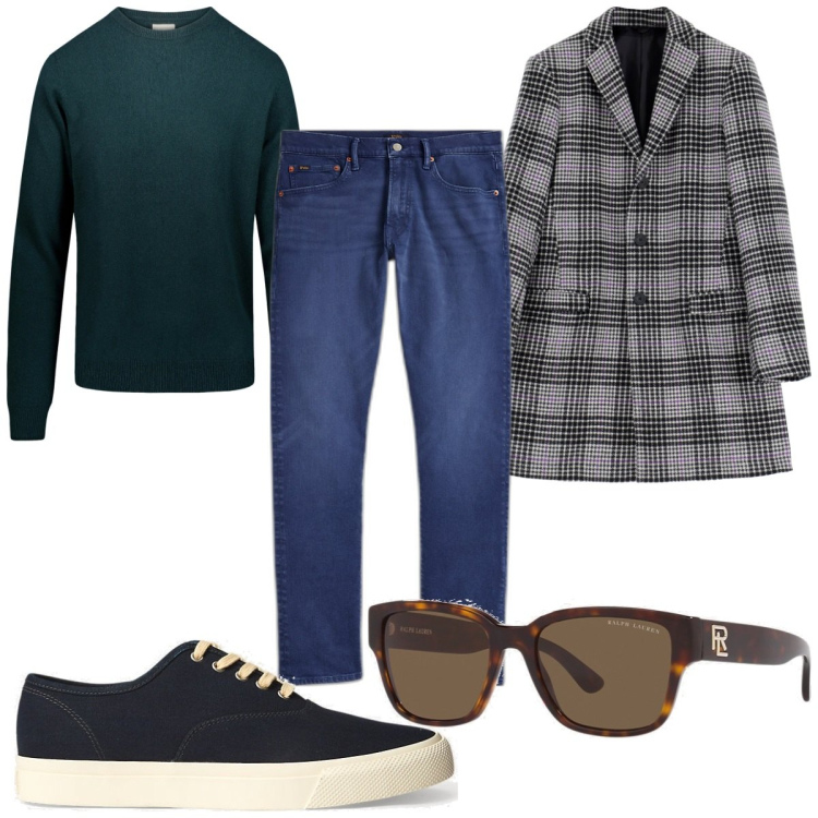 Outfit uomo - Total look #1800097. Stile Casual per Tutti i giorni. Abbinamento con cappotti, sneakers, occhiali da sole, jeans, maglieria.