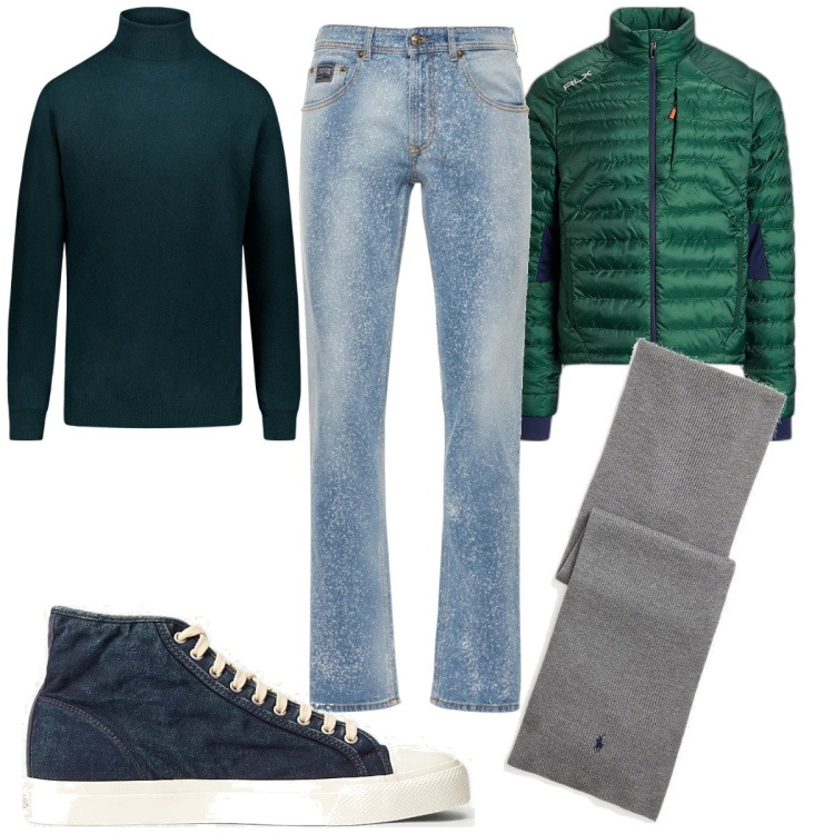 Outfit uomo - Total look #1800098. Stile Trendy per Tutti i giorni. Abbinamento con sneakers, sciarpe, cappotti, maglieria, jeans.