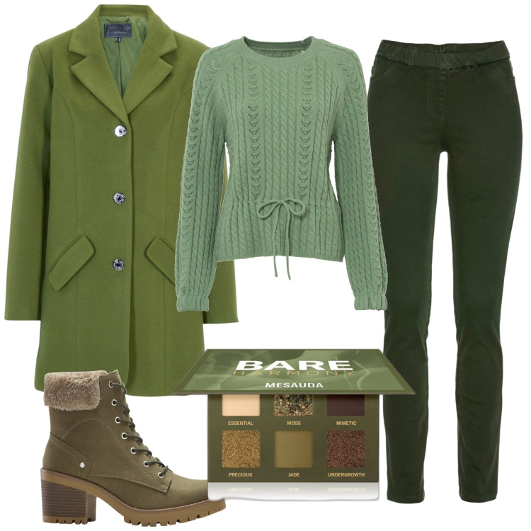 Outfit donna - Total look #1800102. Stile Casual per Tutti i giorni. Abbinamento con maglieria, cappotti, stivaletti, pantaloni, ombretti.