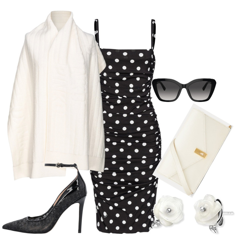 Outfit donna - Total look #1800107. Stile Chic per Tutti i giorni. Abbinamento con sciarpe, décolleté, vestiti corti, occhiali da sole, clutch, orecchini.