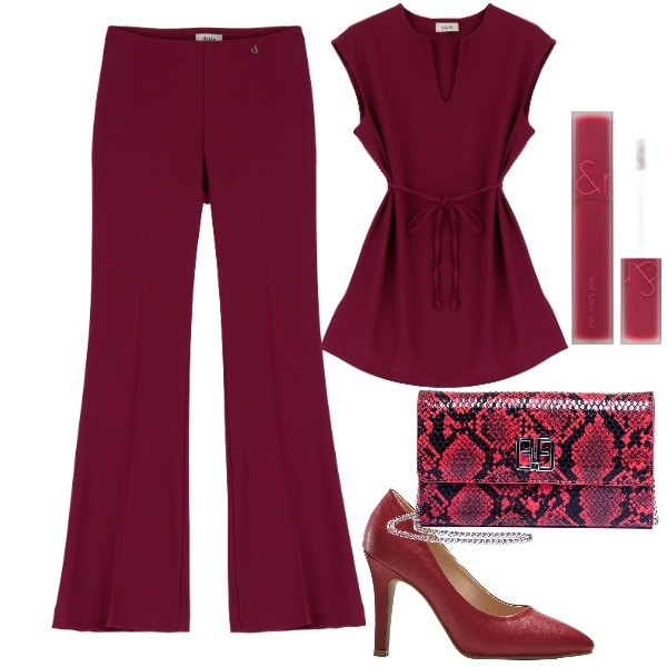 Outfit donna - Tutto in saldo. Stile Chic per Ufficio. Abbinamento con décolleté, rossetti, pochette, camicie, pantaloni.