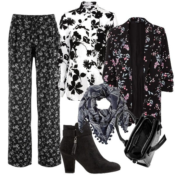 Outfit donna - I fiori Bonprix. Stile Romantica per Ufficio. Abbinamento con blazer, pantaloni a palazzo, camicie, stivaletti, foulard, borse a mano.