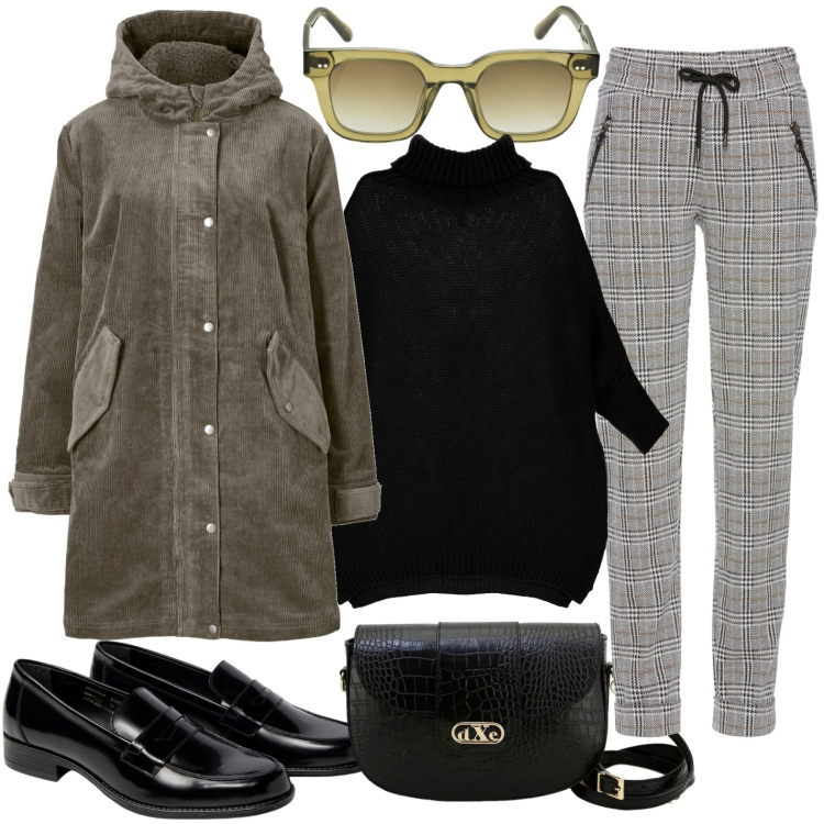 Outfit donna - Principe di galles. Stile Casual per Tutti i giorni. Abbinamento con pantaloni, parka, maglieria, pochette, mocassini, occhiali da sole.