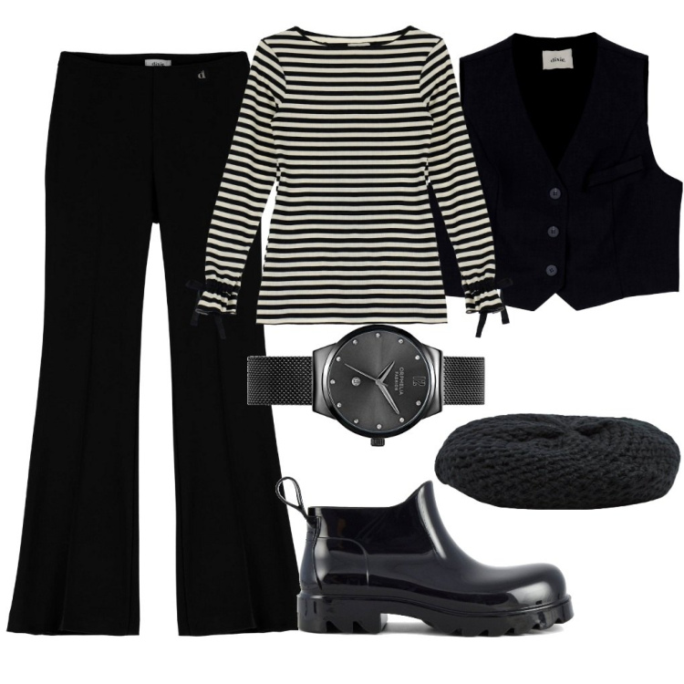 Outfit donna - Un po\' di righe. Stile Trendy per Scuola/Università. Abbinamento con cappelli e berretti, pantaloni, maglieria, gilet, stivali, orologi analogici.