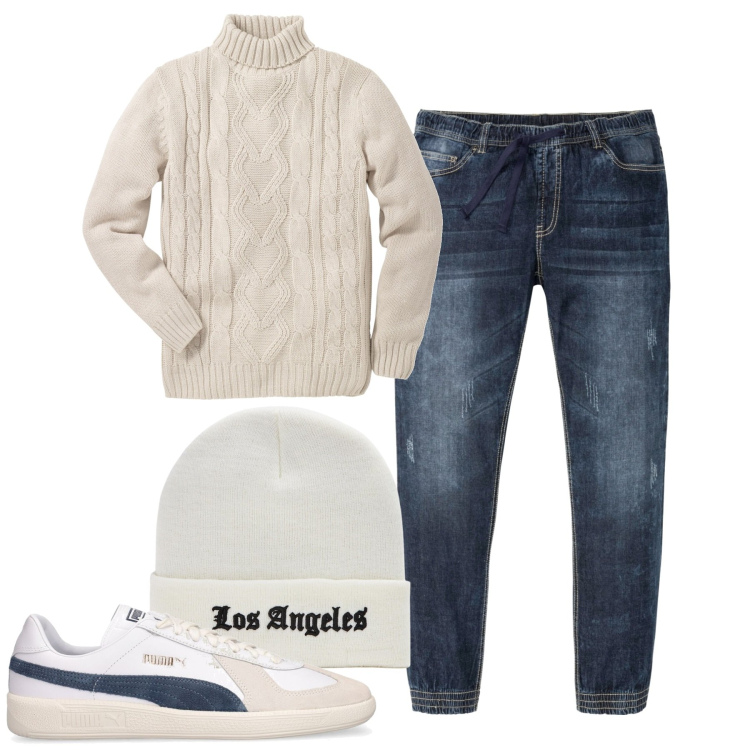 Outfit uomo - City. Stile Casual per Tutti i giorni. Abbinamento con maglieria, jeans slim fit, cappelli con visiera, sneakers.