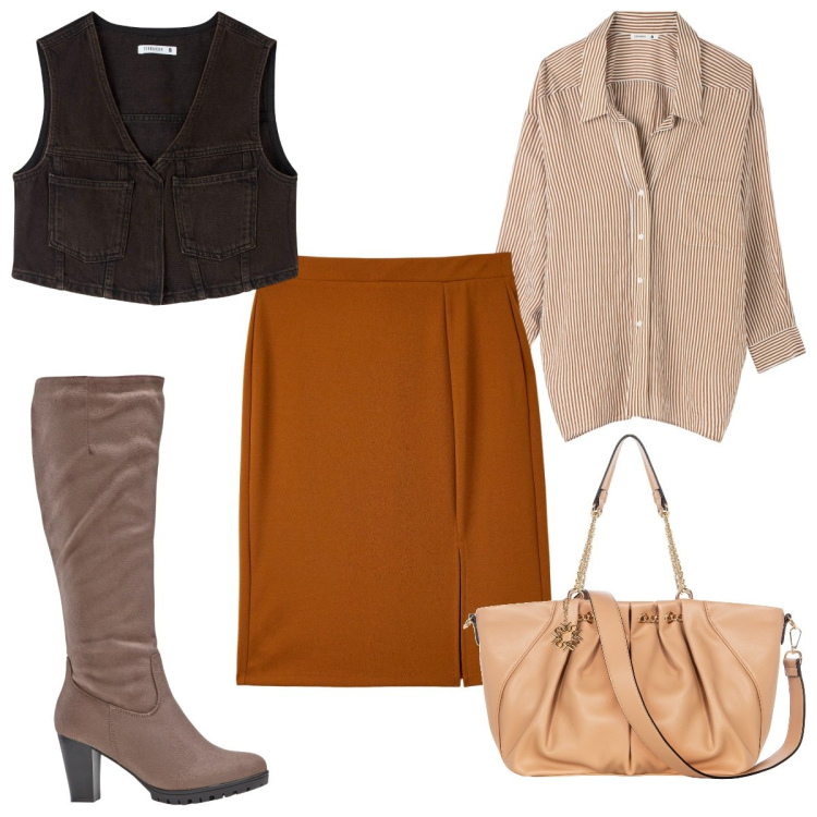 Outfit donna - Total look #1800142. Stile Trendy per Tutti i giorni. Abbinamento con stivali, camicie, gilet, gonne, borse a spalla.