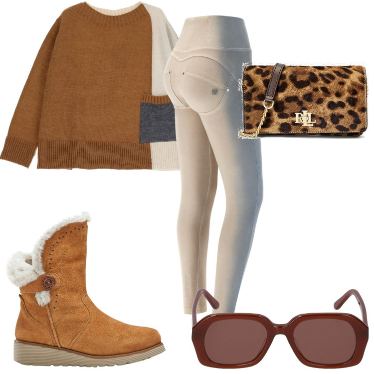 Outfit donna - Total look #1800144. Stile Trendy per Tutti i giorni. Abbinamento con stivali, pantaloni skinny, pullovers, borse a tracolla, occhiali da sole.