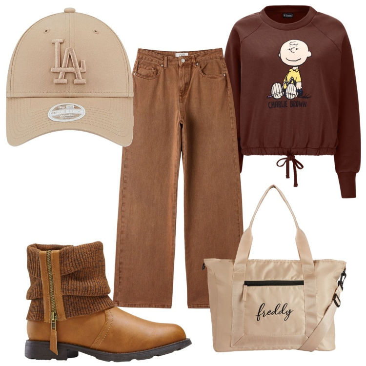 Outfit donna - Total look #1800151. Stile Trendy per Tutti i giorni. Abbinamento con stivaletti, pantaloni, borse tote, felpe, cappelli.