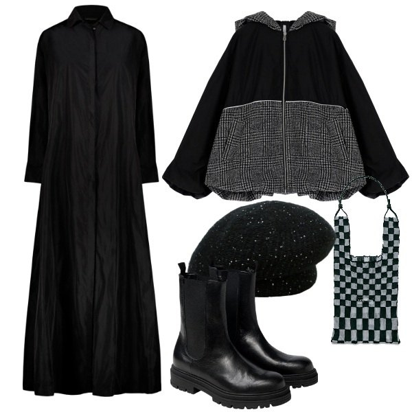 Outfit donna - Un giro in centro. Stile Basic per Tutti i giorni. Abbinamento con cappotti, cappelli e berretti, vestiti, stivaletti chelsea, borse a spalla.