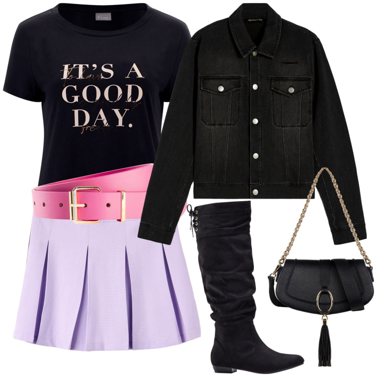 Outfit donna - Shopping sconti. Stile Casual per Tutti i giorni. Abbinamento con cinture, stivali, gonne, borse a spalla, blazer, t-shirt.
