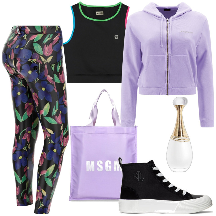 Outfit donna - Total look #1800178. Stile Casual per Sport. Abbinamento con profumi, felpe con cappuccio, pantaloni skinny, top sportivi, sneakers, shopping bag.