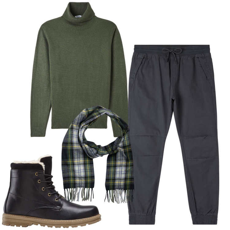 Outfit uomo - City. Stile Trendy per Tutti i giorni. Abbinamento con stivali e stivaletti, pantaloni, maglieria, sciarpe.