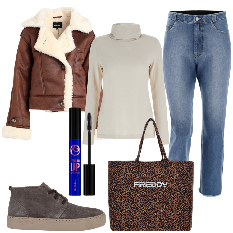 Outfit donna - Outerwear. Stile Basic per Tutti i giorni. Abbinamento con stivaletti, blazer, mascara, maglieria, borse tote, jeans.