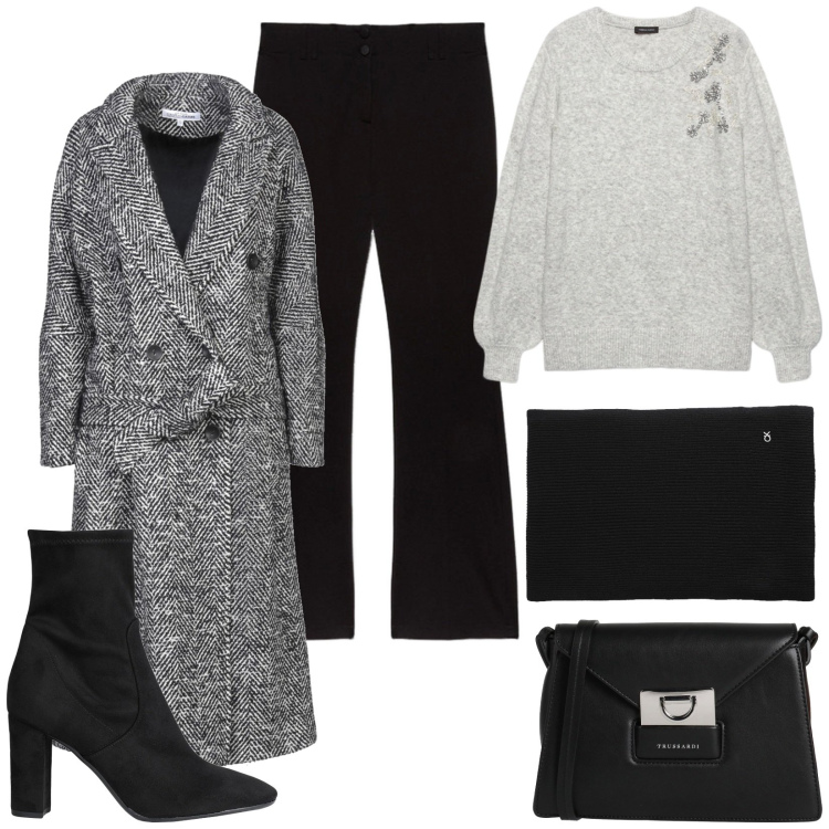 Outfit donna - Casual elegante. Stile Chic per Tutti i giorni. Abbinamento con stivaletti, cappotti, borse a tracolla, sciarpe, maglieria, pantaloni.