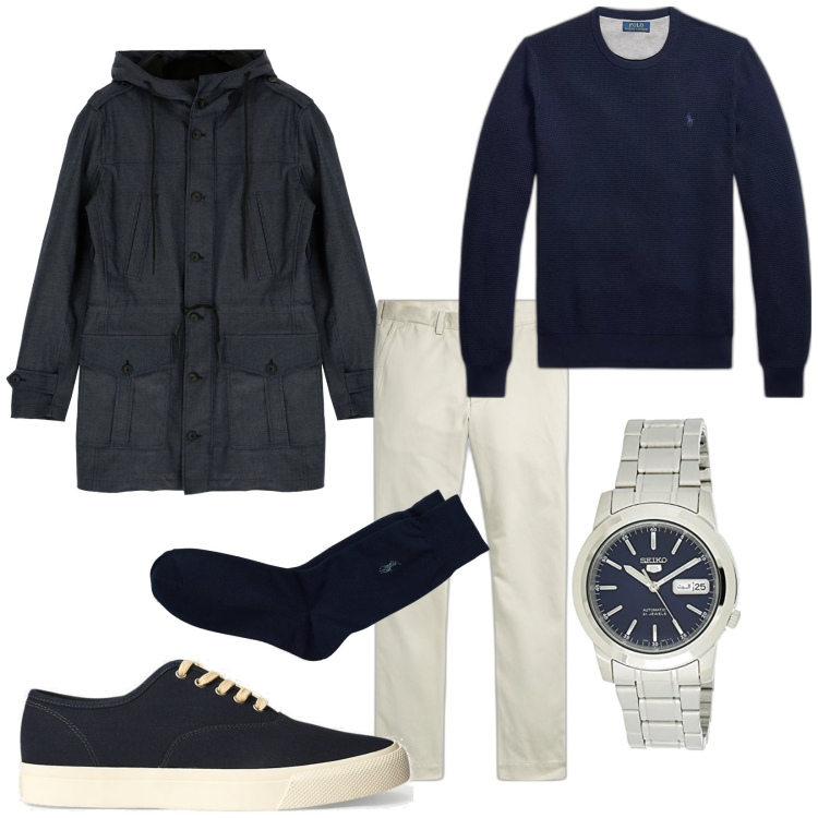 Outfit uomo - Total look #1800204. Stile Casual per Tutti i giorni. Abbinamento con cappotti, sneakers, calzini, pantaloni chino, maglieria, orologi.