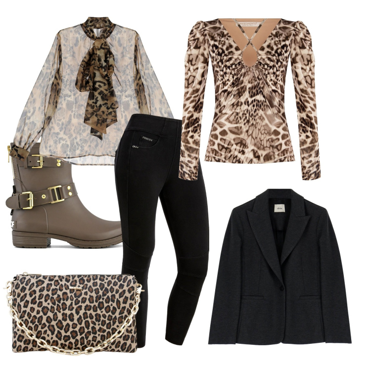 Outfit donna - Animaler. Stile Casual chic per Ufficio. Abbinamento con maglieria, camicie, pochette, pantaloni skinny, giacche, stivali.