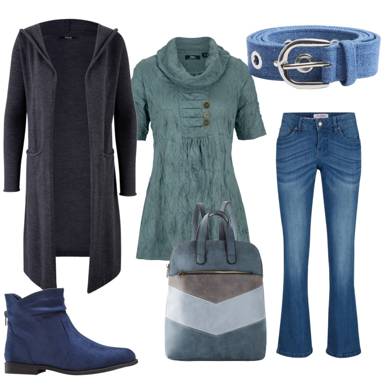 Outfit donna - Che film vediamo?. Stile Casual chic per Serata fuori. Abbinamento con cardigans, jeans bootcut, stivaletti, maglieria, zaini, cinture.