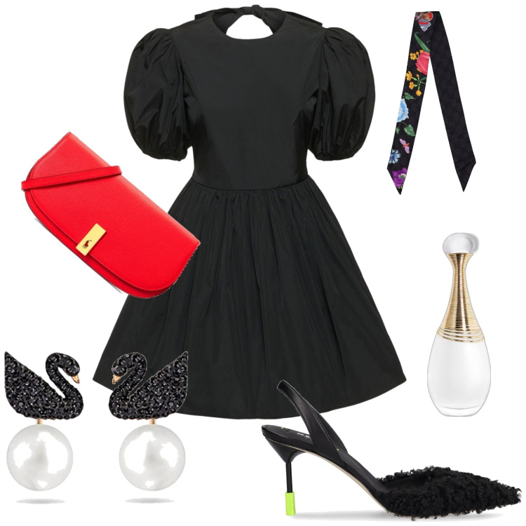 Outfit donna - Lago dei cigni. Stile Glamour per Serata fuori. Abbinamento con profumi, clutch, vestiti, orecchini, foulard, décolleté.