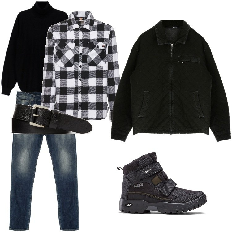 Outfit uomo - Total look #1800228. Stile Urban per Tutti i giorni. Abbinamento con stivali e stivaletti, jeans, cappotti, maglieria, cinture, camicie.