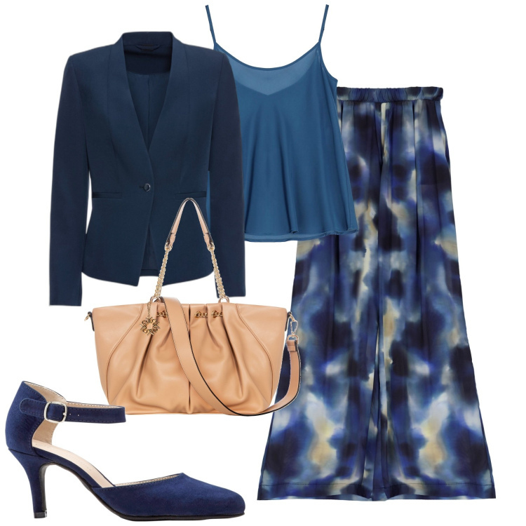 Outfit donna - Elegante. Stile Chic per Tutti i giorni. Abbinamento con blazer, décolleté, borse a spalla, pantaloni a palazzo, top.