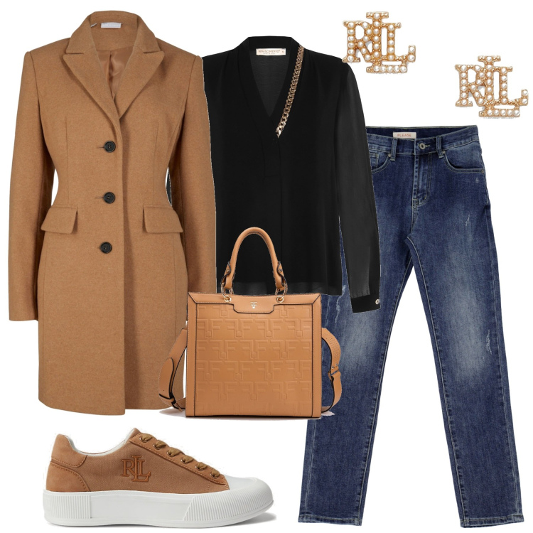 Outfit donna - Casual chic. Stile Casual chic per Tutti i giorni. Abbinamento con cappotti, bluse, borse tote, jeans dritti, orecchini, sneakers.