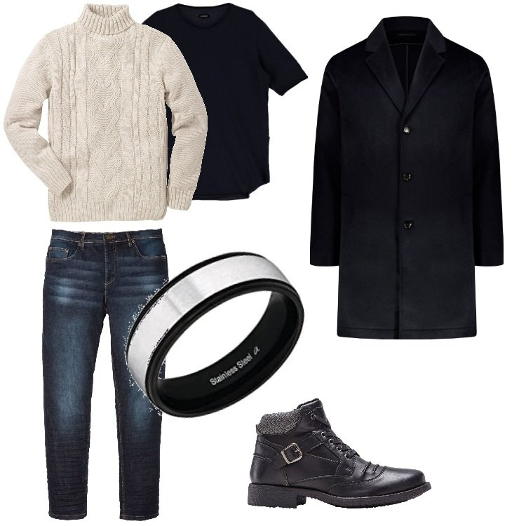 Outfit uomo - Total look #1800265. Stile Casual per Ufficio. Abbinamento con jeans slim fit, stivali e stivaletti, maglieria, t-shirt, cappotti, anelli.