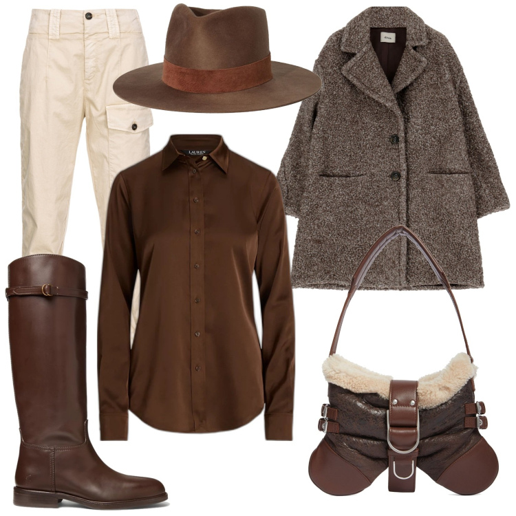 Outfit donna - My horse. Stile Trendy per Tutti i giorni. Abbinamento con pantaloni cargo, cappotti, camicie, stivali, cappelli, borse a spalla.
