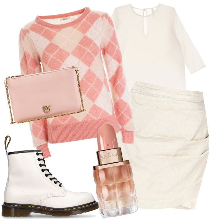 Outfit donna - Rosa e bianco. Stile Casual per Tutti i giorni. Abbinamento con profumi, borse a tracolla, minigonne, maglieria, camicie, stivali.